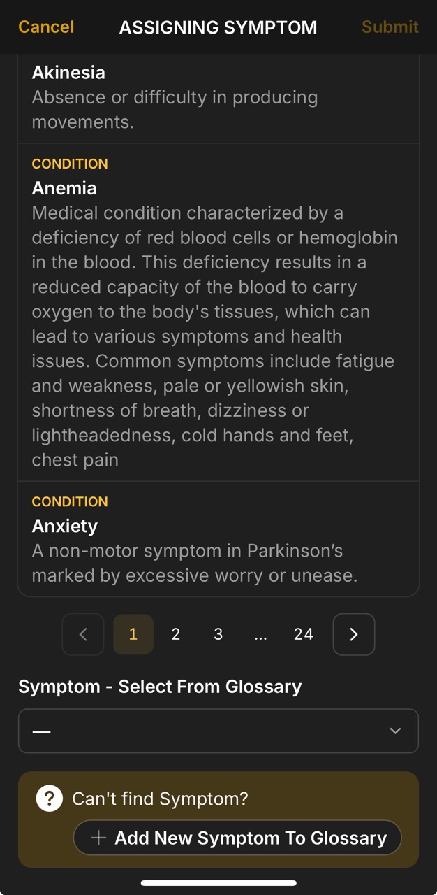 Symptoms Page (Assign Symptom)